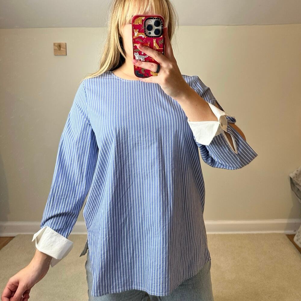 Vince Camuto: Oxford Blue Striped Long Sleeve Blouse Color Block Stripes
